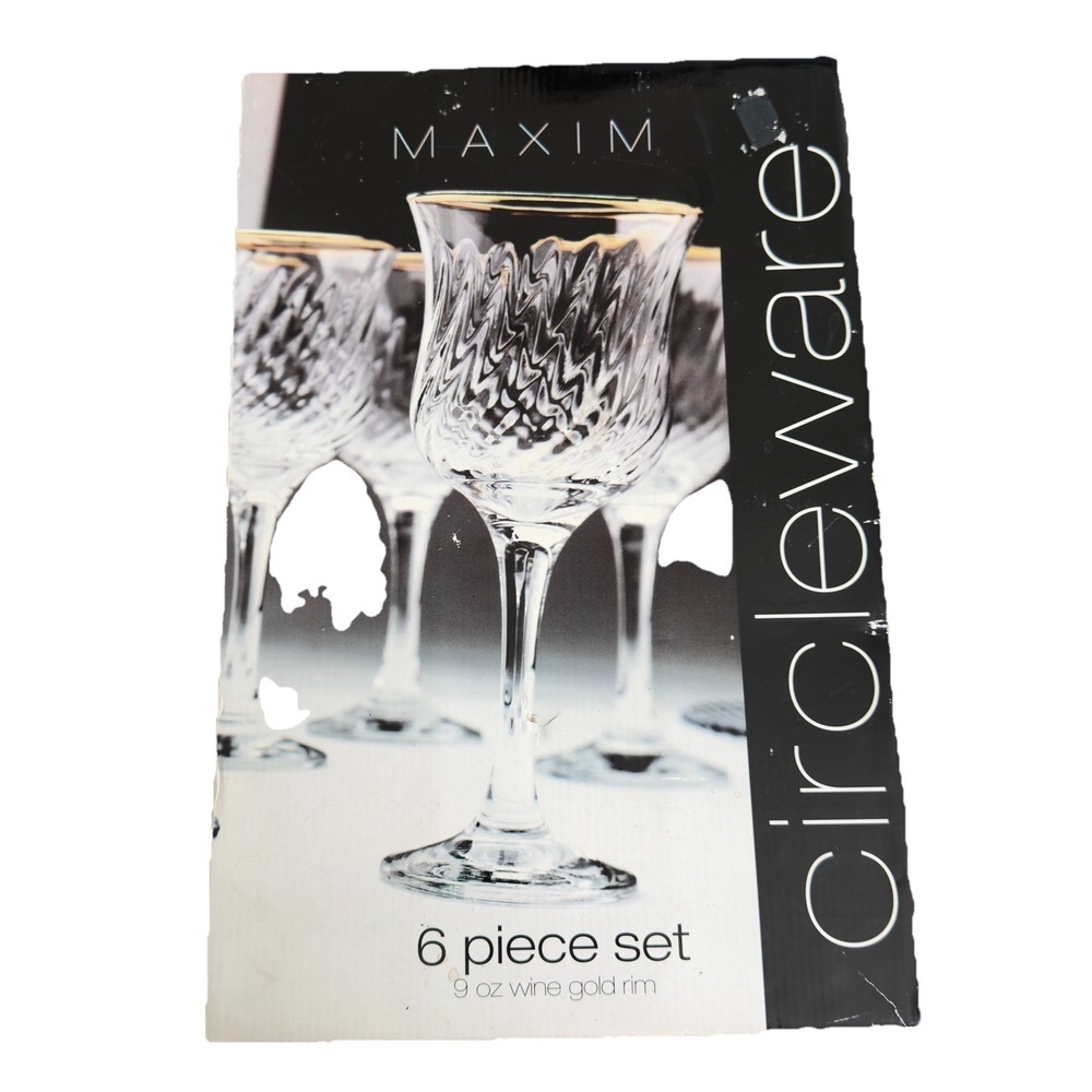 Circleware Maxim Stemware 9 oz‎ Wine Glasses Gold Rim Swirl Set of 6